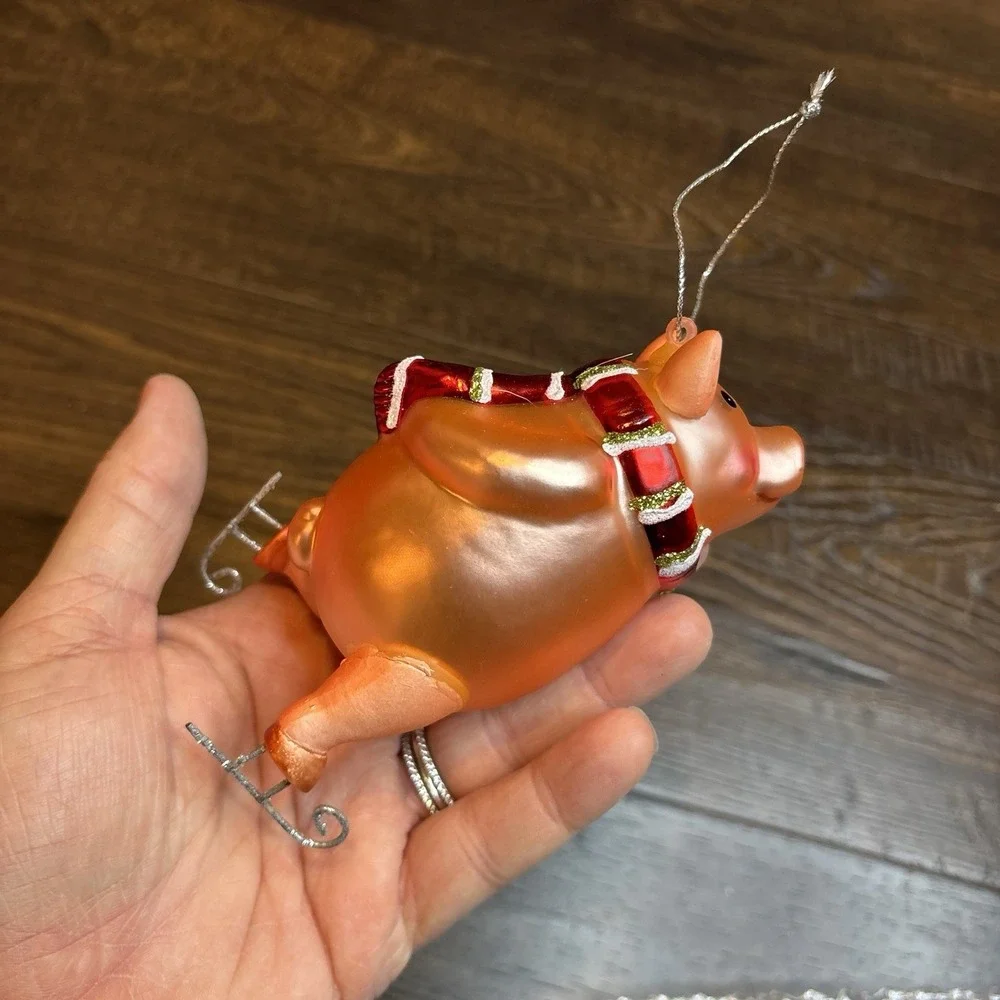 Glass Blown Pink Pig Ice Skating Ornament Christmas Tree‎ Vintage
